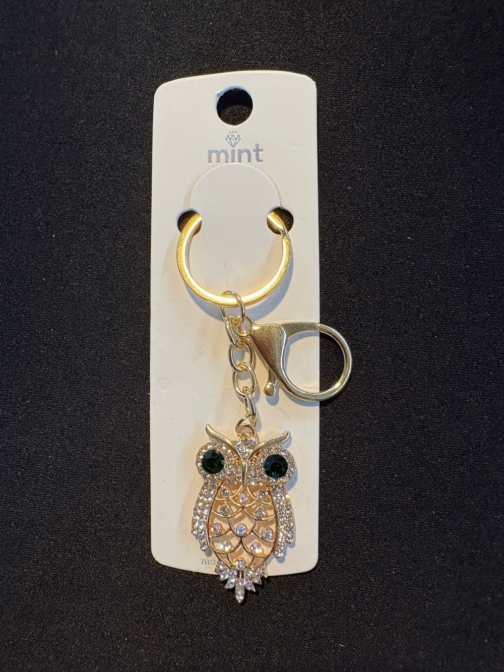Mint Gold Owl Keychain with Green Crystal Eyes